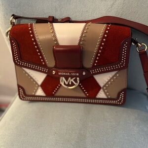 Michael Kors Red, Beige & Cream Patchwork Crossbody Shoulder Bag